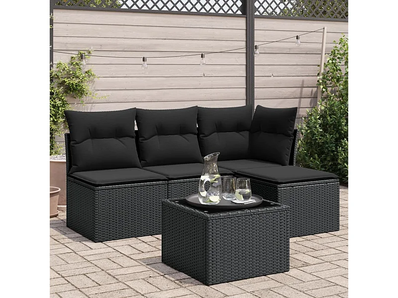 Salon de jardin 5 pcs avec coussins noir résine tressée BE39991