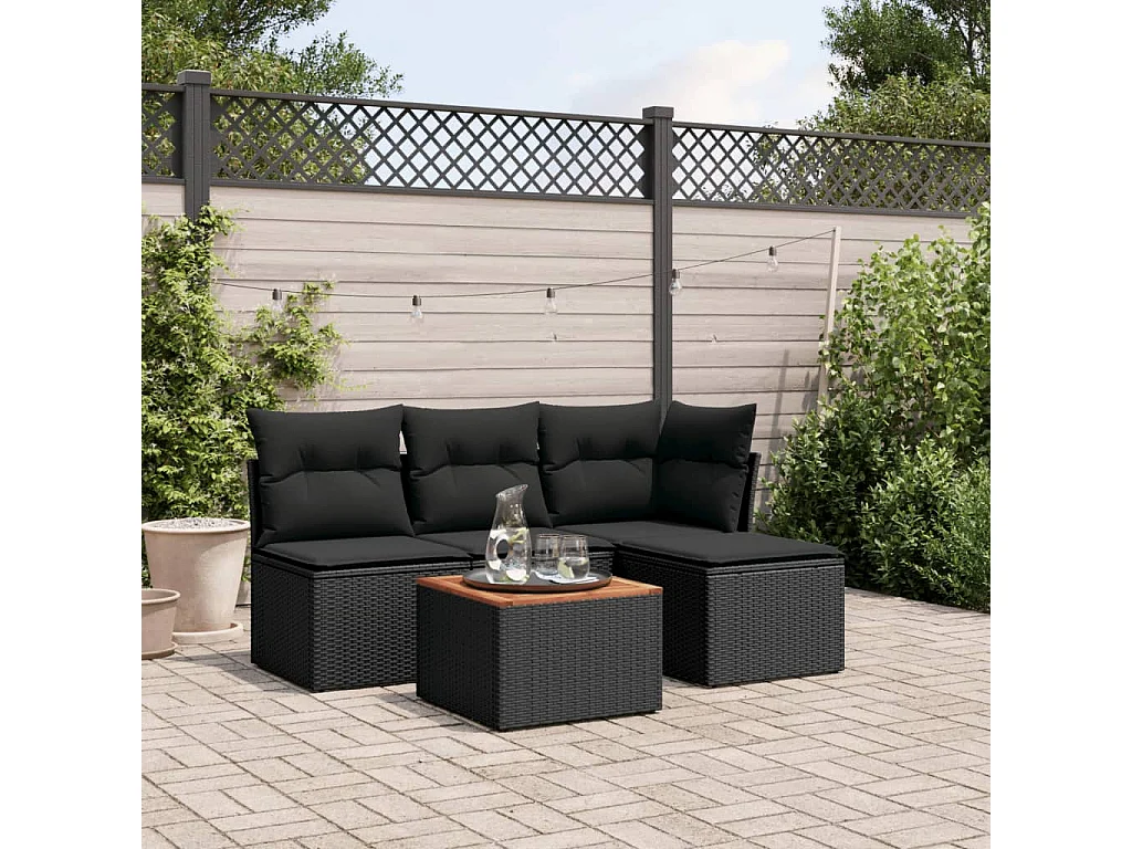 Salon de jardin 5 pcs avec coussins noir résine tressée BE88540