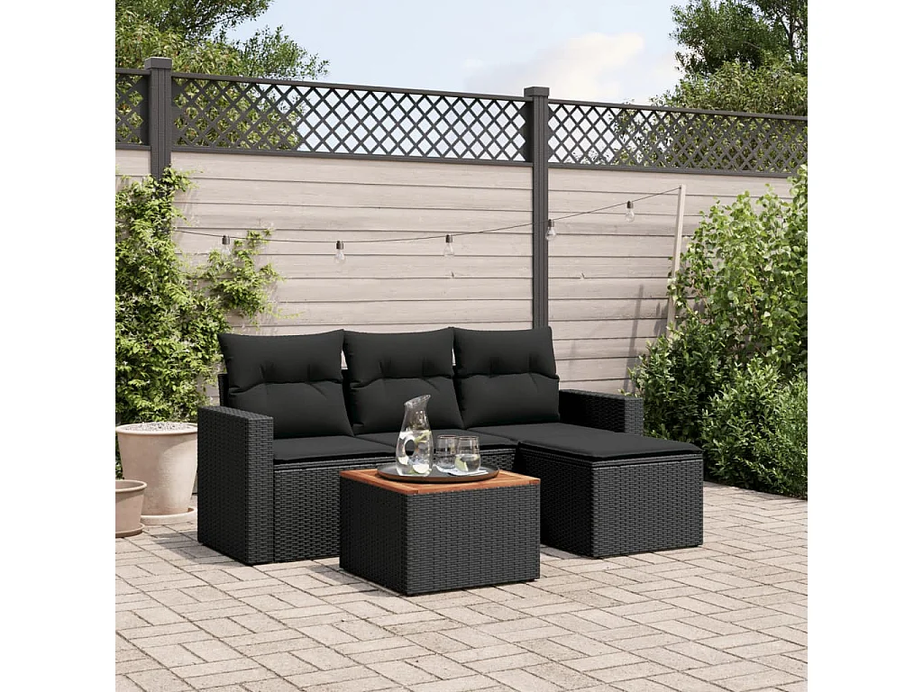 Salon de jardin 5 pcs avec coussins noir résine tressée BE46933