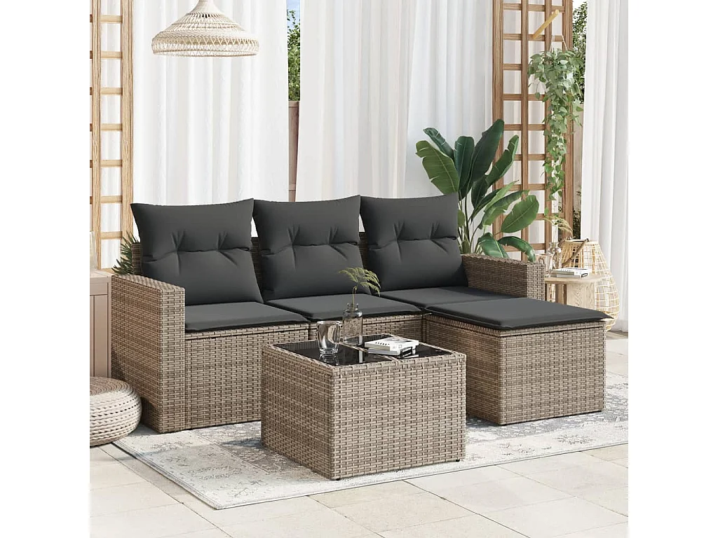 Salon de jardin 5 pcs avec coussins gris résine tressée BE45996