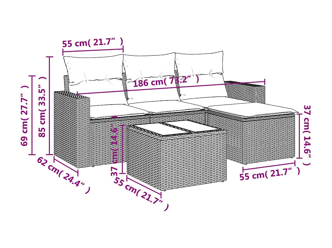 Salon de jardin 5 pcs avec coussins gris résine tressée BE45996