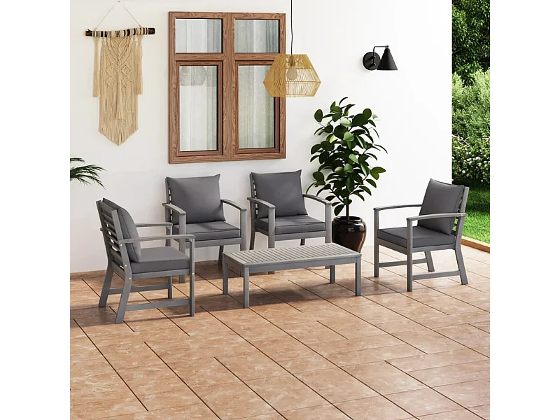 5-tlg. Garten-Sitzgruppe: Sofa + Tisch | Garten-Lounge-Set mit Auflagen Massivholz Akazie Grau -GKD202870