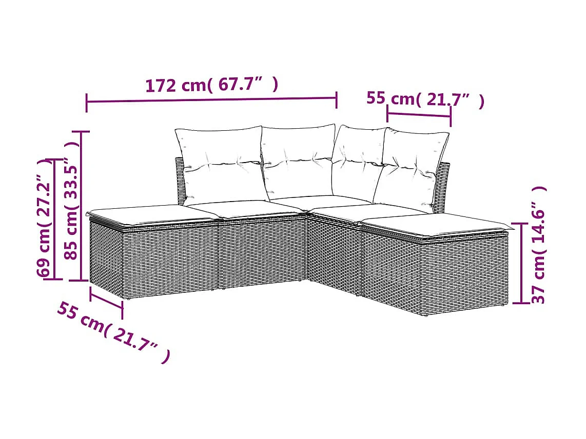 Salon de jardin 5 pcs avec coussins noir résine tressée BE24816