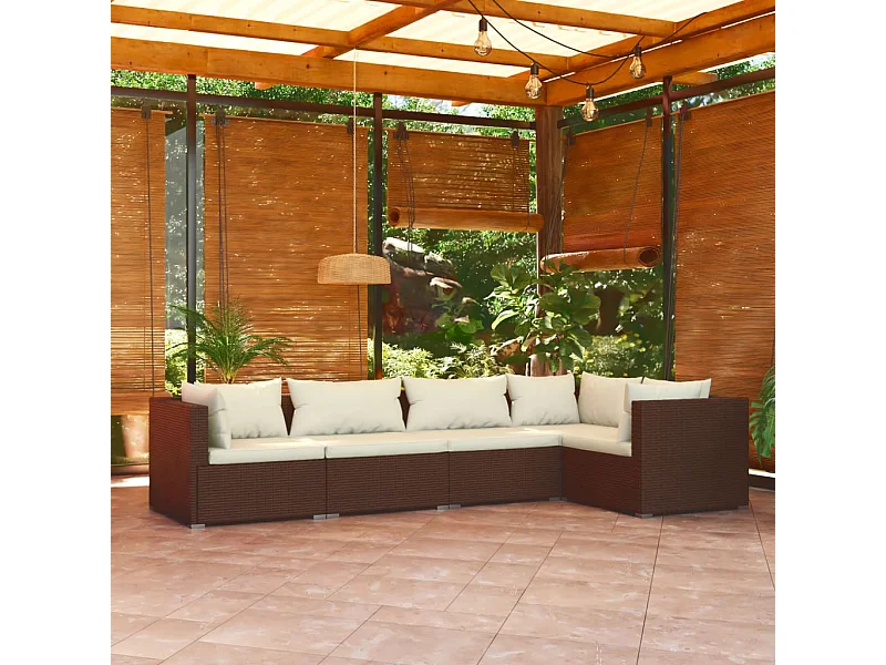 5 pcs conjunto lounge jardim c/ almofadões vime PE castanho PT50179