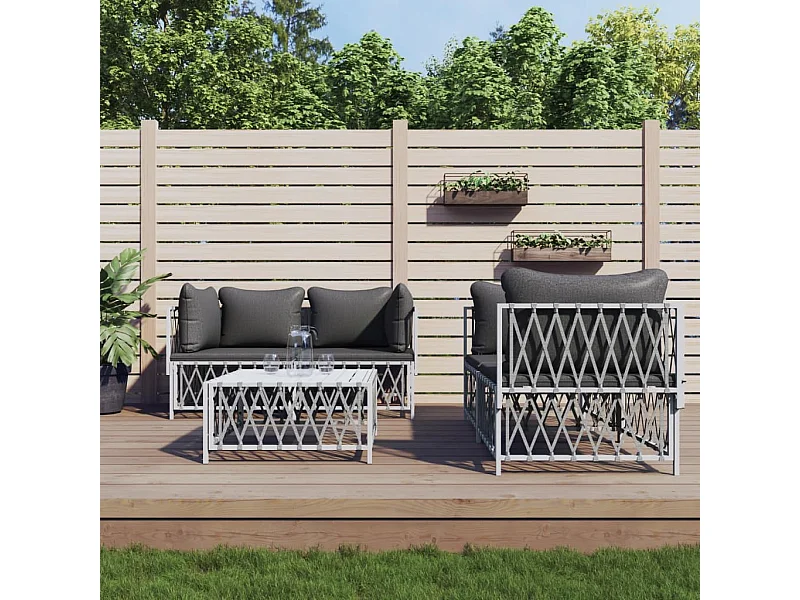 5 pzas Salón de jardín y cojines acero blanco ES63542