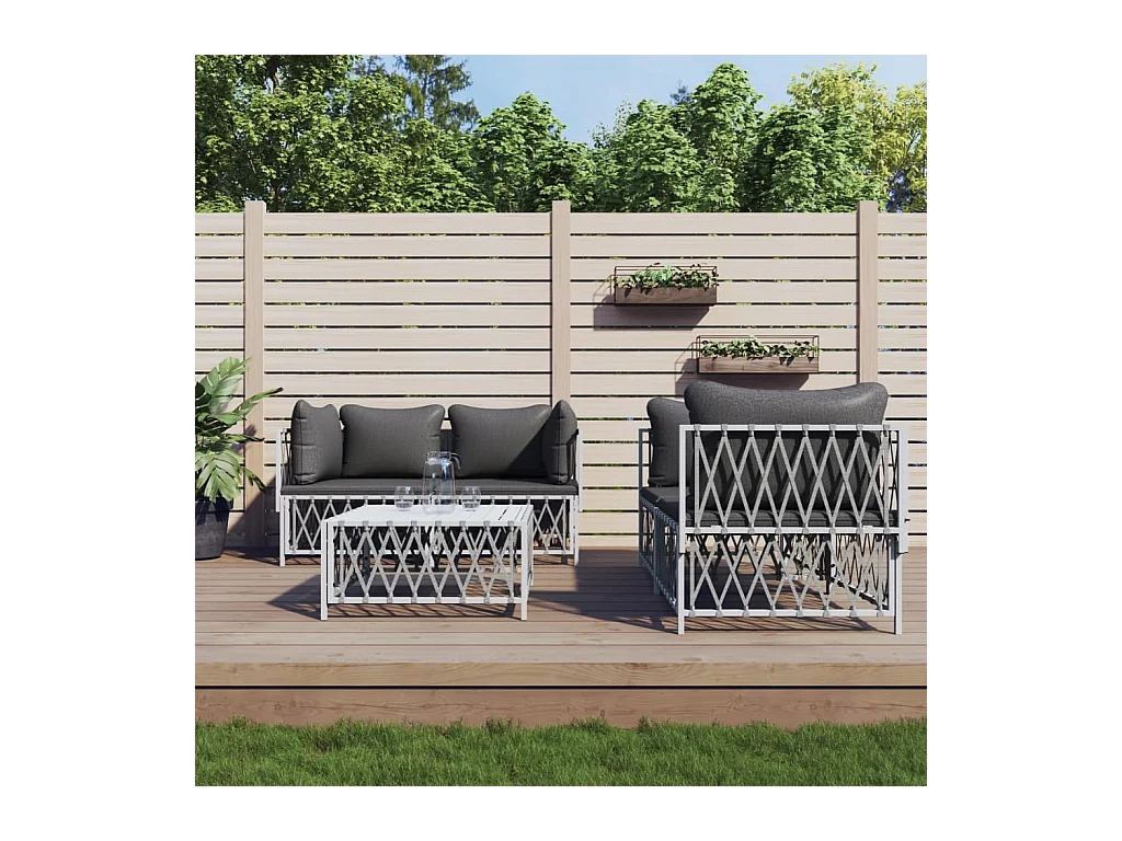 Salon de jardin avec coussins 5 pcs blanc acier BE34276
