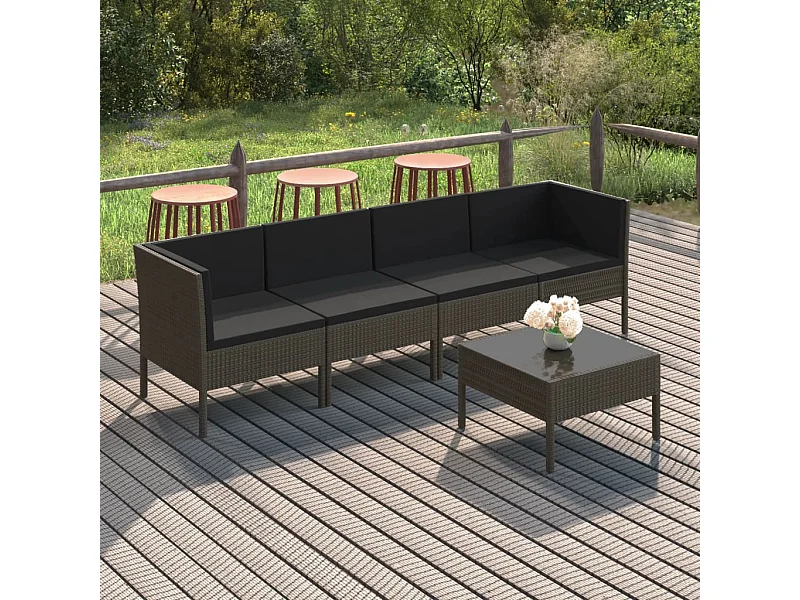 5-tlg. Garten-Sitzgruppe: Sofa + Tisch | Garten-Lounge-Set mit Auflagen Poly Rattan Grau -GKD819724