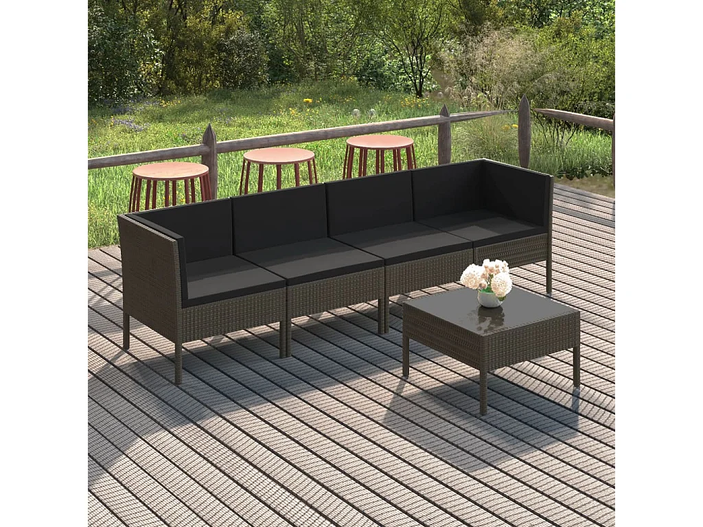 5-tlg. Garten-Sitzgruppe: Sofa + Tisch | Garten-Lounge-Set mit Auflagen Poly Rattan Grau -GKD819724
