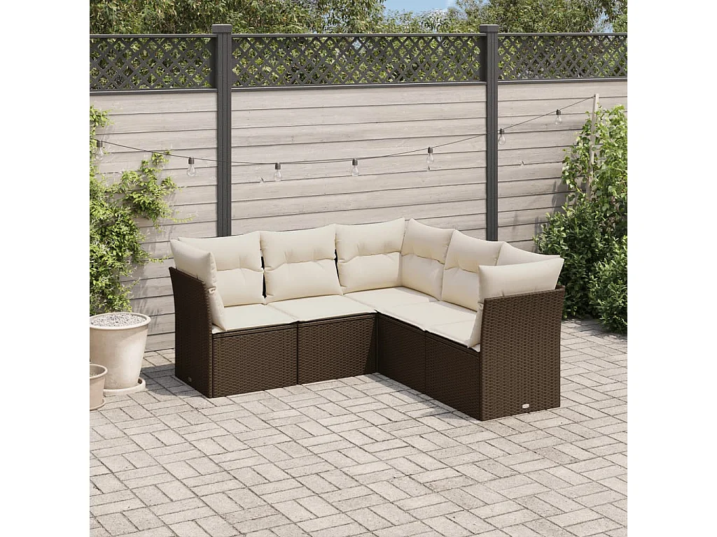 5 pcs conjunto sofás p/ jardim c/ almofadões vime PE castanho PT700239