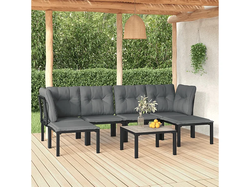 7-tlg. Garten-Sitzgruppe: Sofa + Tisch | Garten-Lounge-Set Schwarz und Grau Poly Rattan -GKD925324