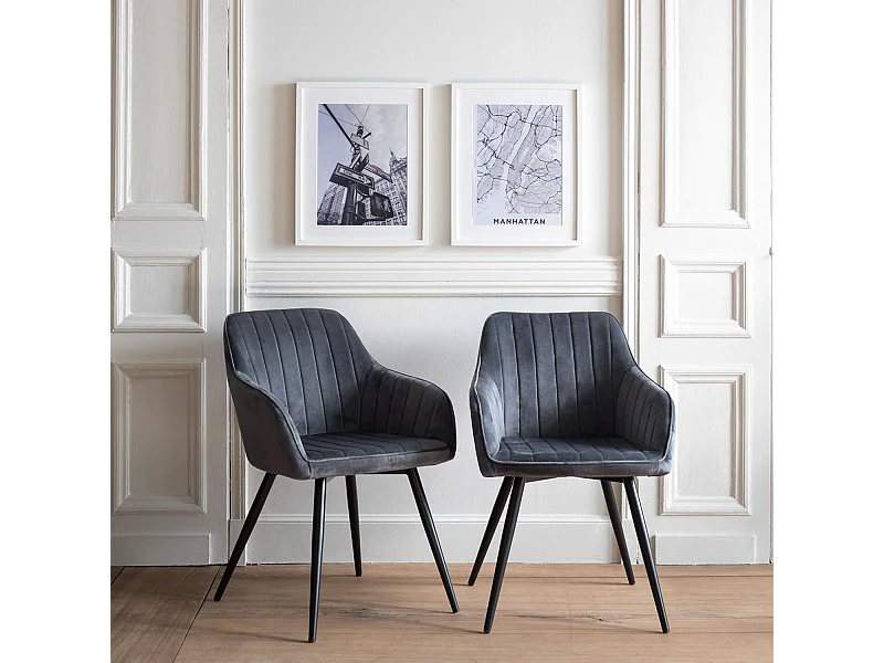 Lot de 2 chaises en velours BERTILLE grises - HAPPY GARDEN