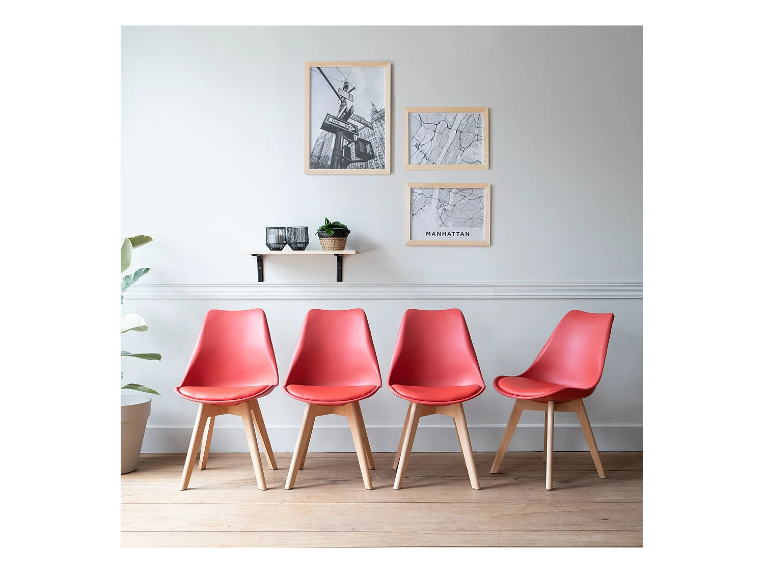 Lot de 4 chaises scandinaves NORA rouge avec coussin - HAPPY GARDEN