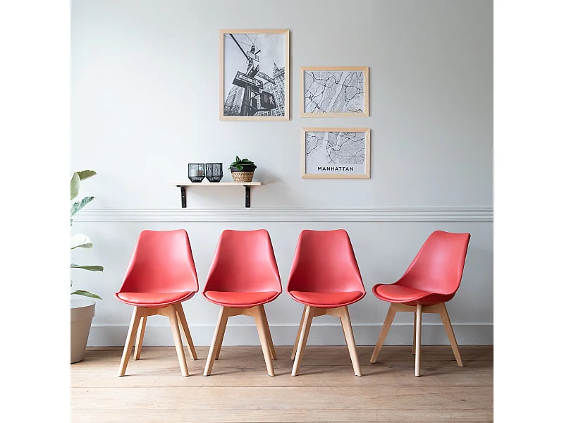 Set van 4 NORA Scandinavische stoelen rood met kussen