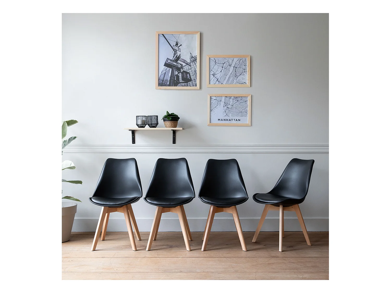 Lot de 4 chaises scandinaves NORA noires avec coussin - HAPPY GARDEN