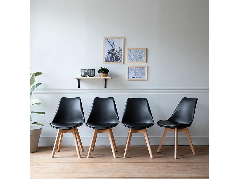Lot de 4 chaises scandinaves NORA noires avec coussin - HAPPY GARDEN