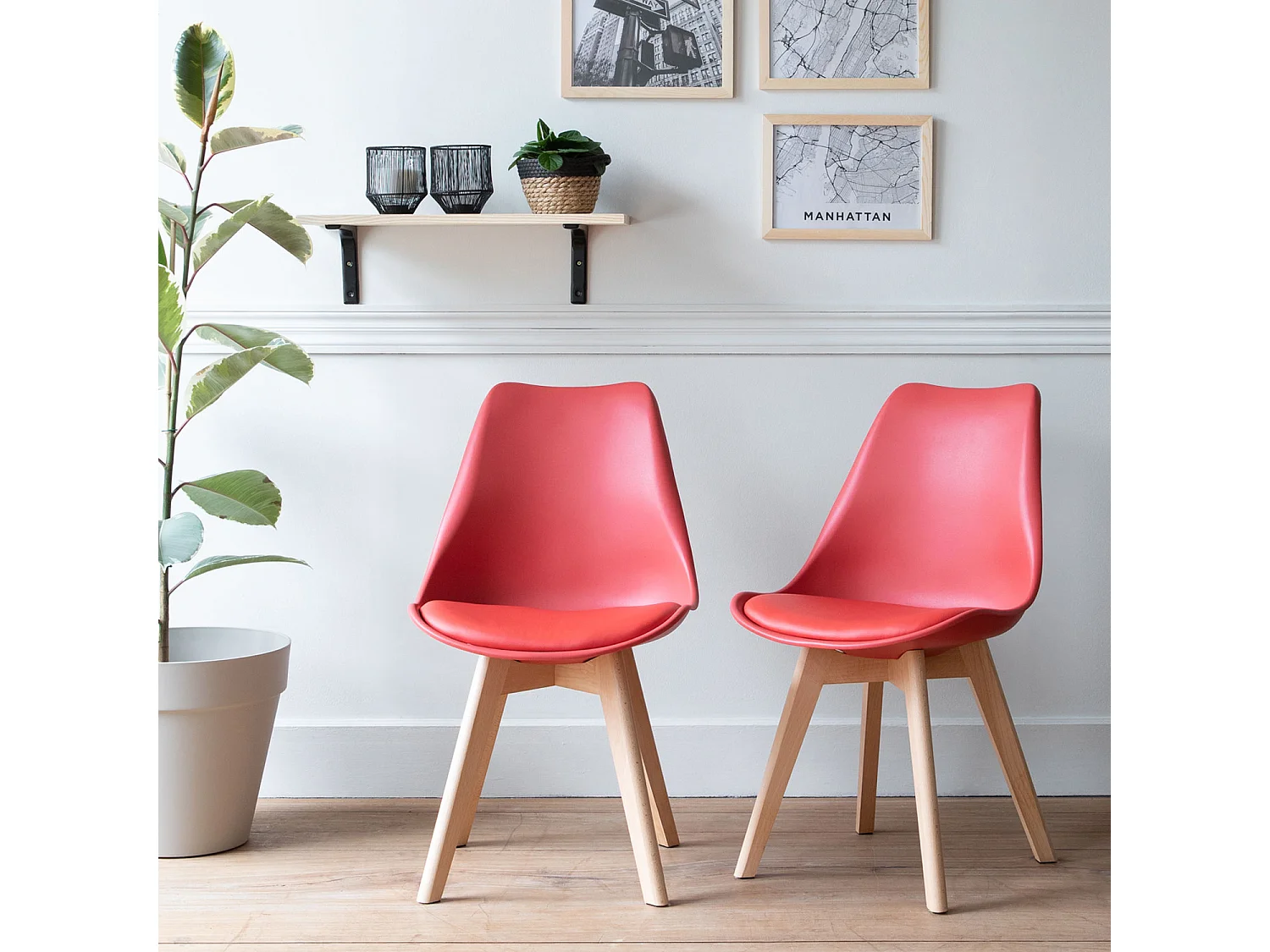 Lot de 2 chaises scandinaves NORA rouge avec coussin - HAPPY GARDEN