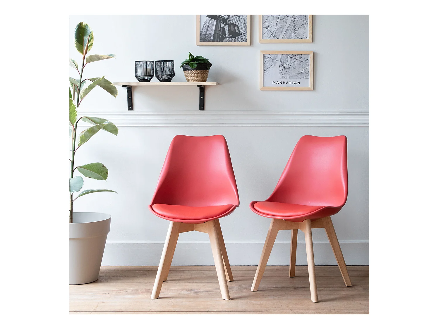 Lot de 2 chaises scandinaves NORA rouge avec coussin - HAPPY GARDEN