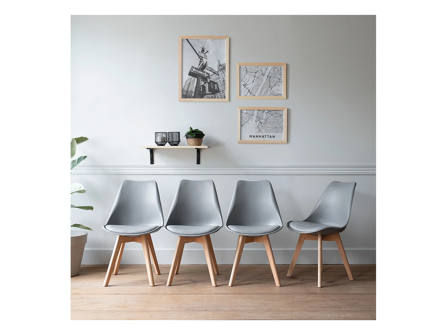 Lot de 4 chaises scandinaves NORA grises avec coussin - HAPPY GARDEN