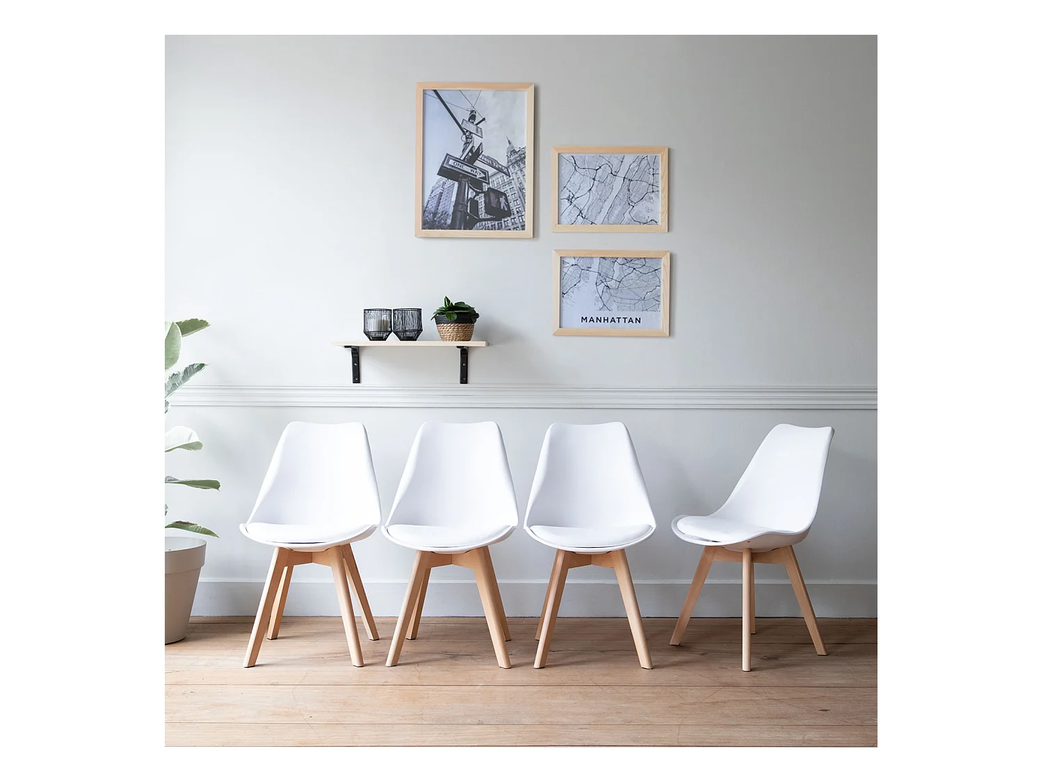 Lot de 4 chaises scandinaves NORA blanches avec coussin