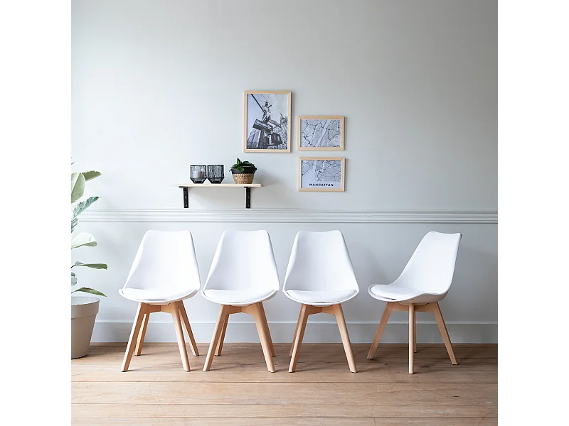 Lot de 4 chaises scandinaves NORA blanches avec coussin