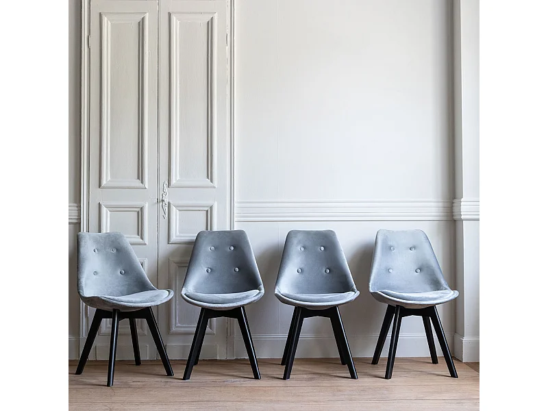 Lot de 4 chaises en velours NORA grises avec coussin - HAPPY GARDEN