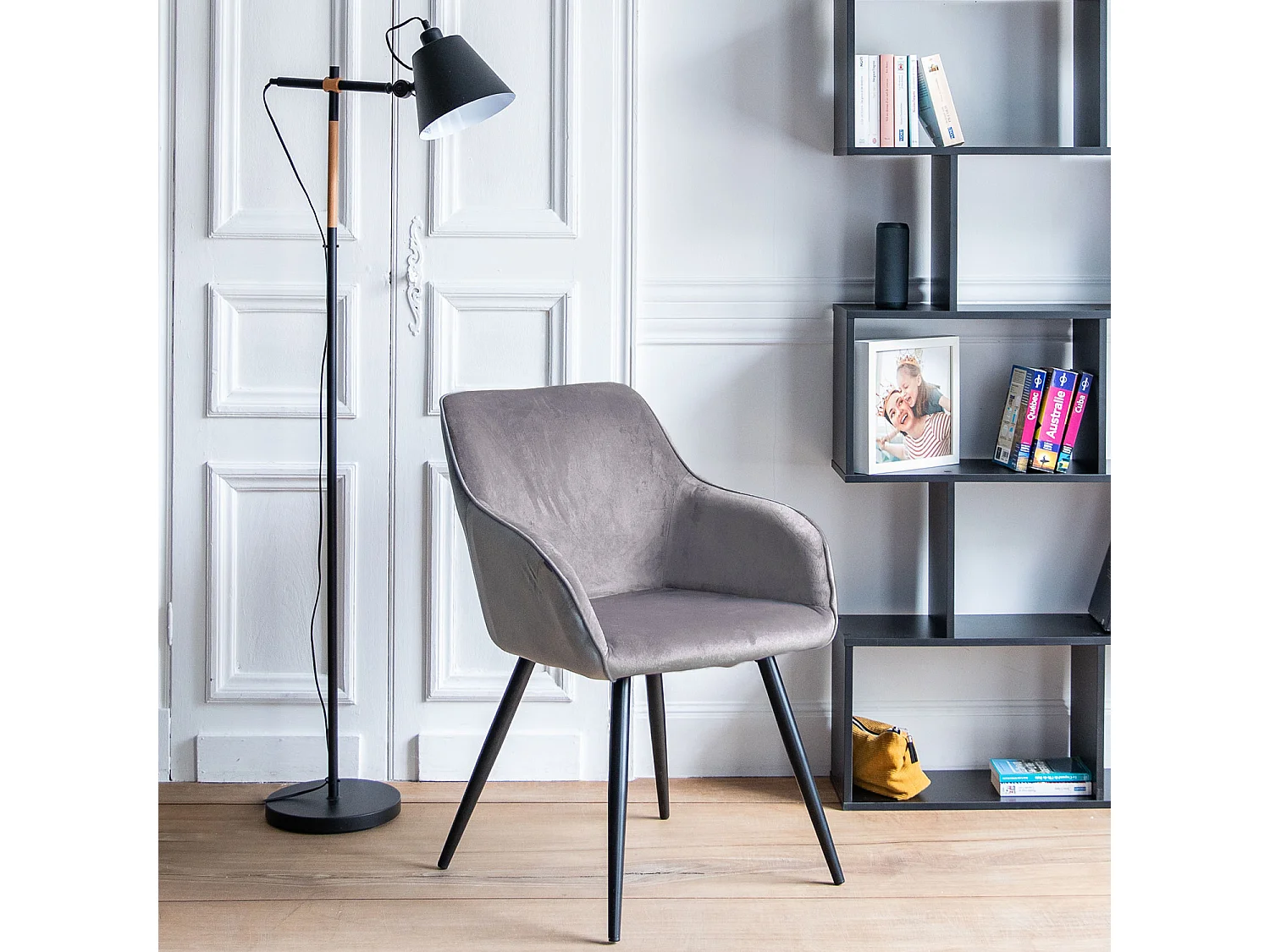 Chaise vintage GISELE velours gris - HAPPY GARDEN