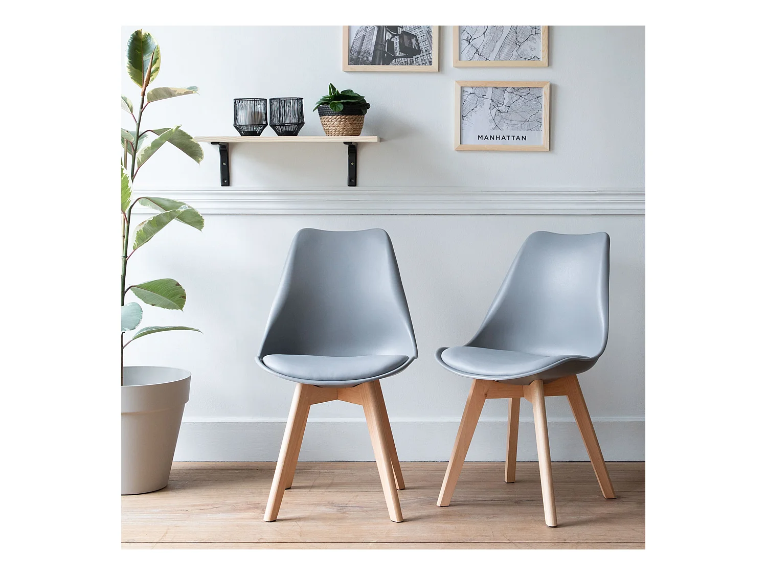 Lot de 2 chaises scandinaves NORA grises avec coussin - HAPPY GARDEN