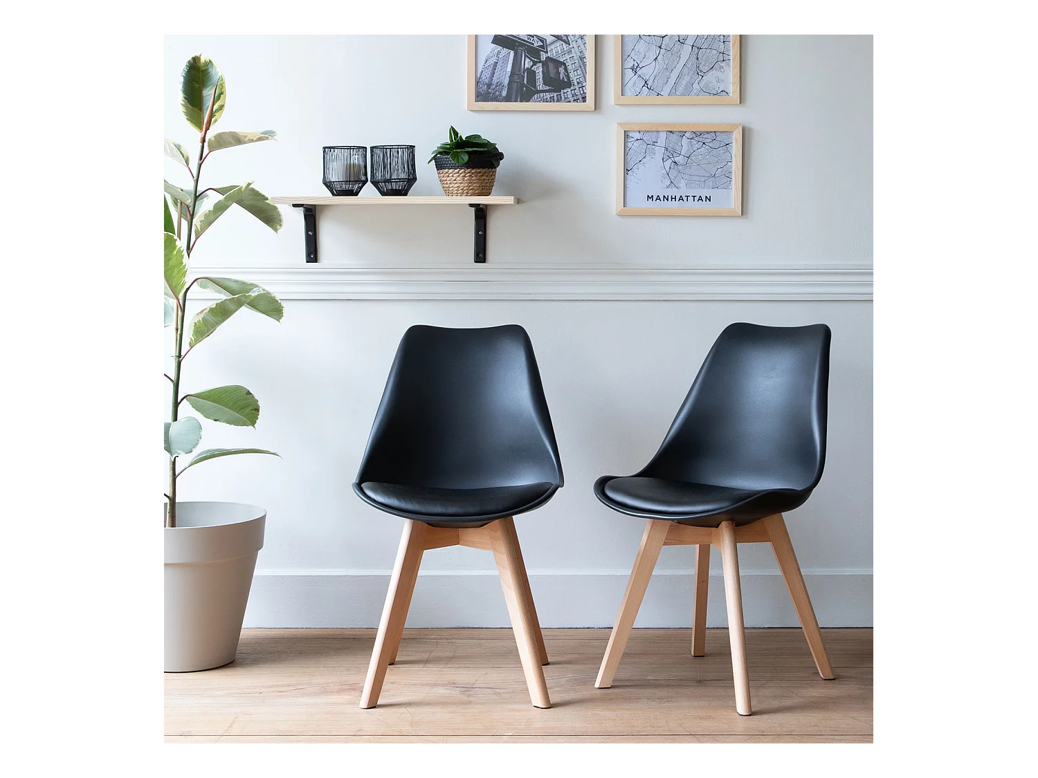 Lot de 2 chaises scandinaves NORA noires avec coussin - HAPPY GARDEN