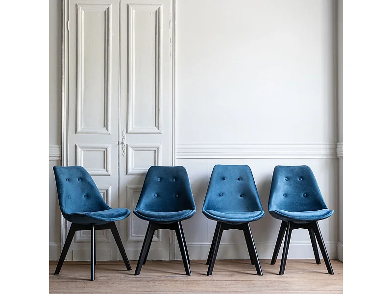 Lot de 4 chaises en velours NORA bleues avec coussin - HAPPY GARDEN