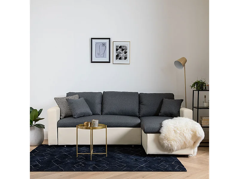 CLARK Sofá-cama de canto de 3 lugares cinzento e branco