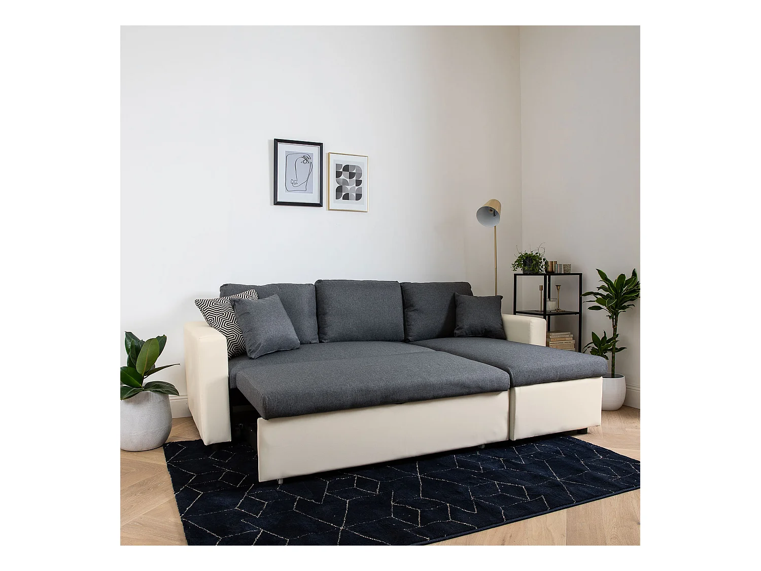 Canapé d'angle convertible CLARK 3 places gris chiné et blanc - HAPPY GARDEN
