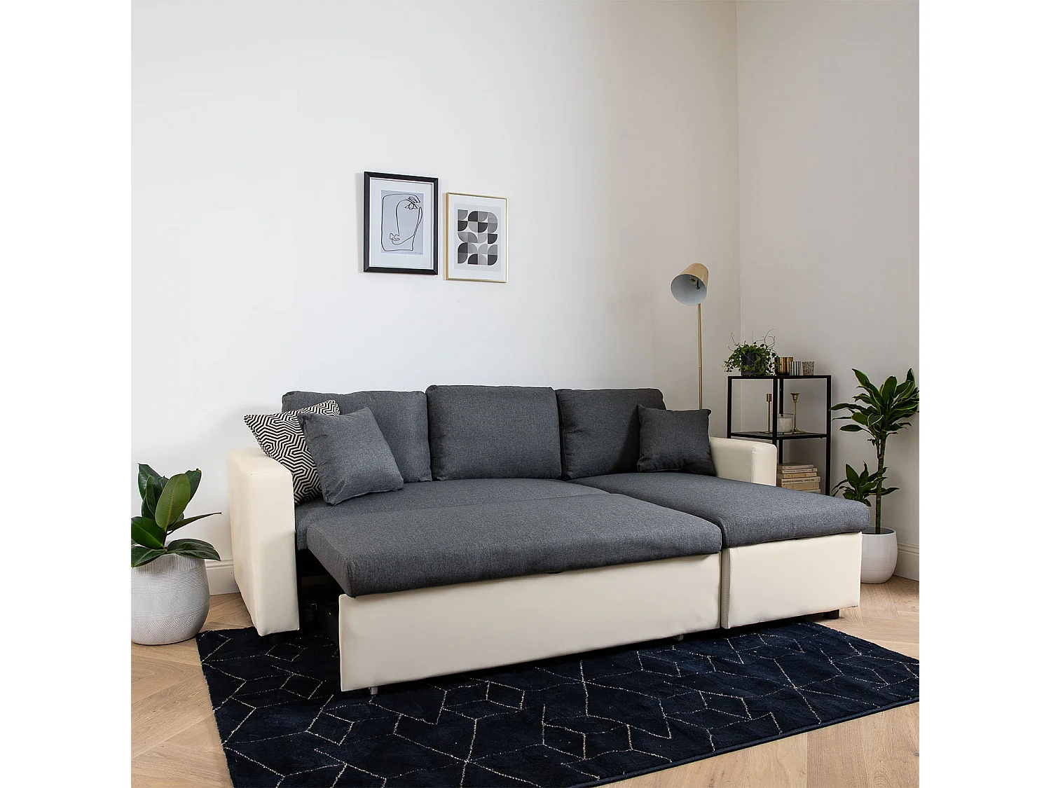 Canapé d'angle convertible CLARK 3 places gris chiné et blanc - HAPPY GARDEN