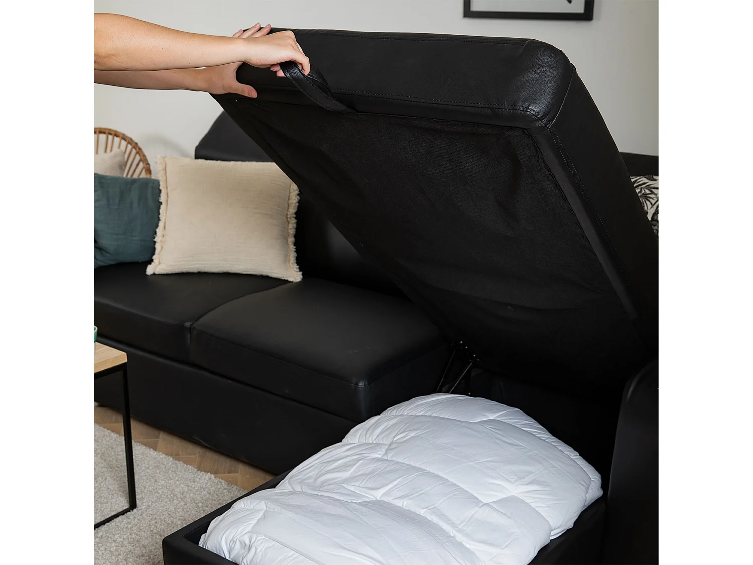 Ecksofa, umwandelbar, WARREN, 3-Sitzer, schwarzes Kunstleder