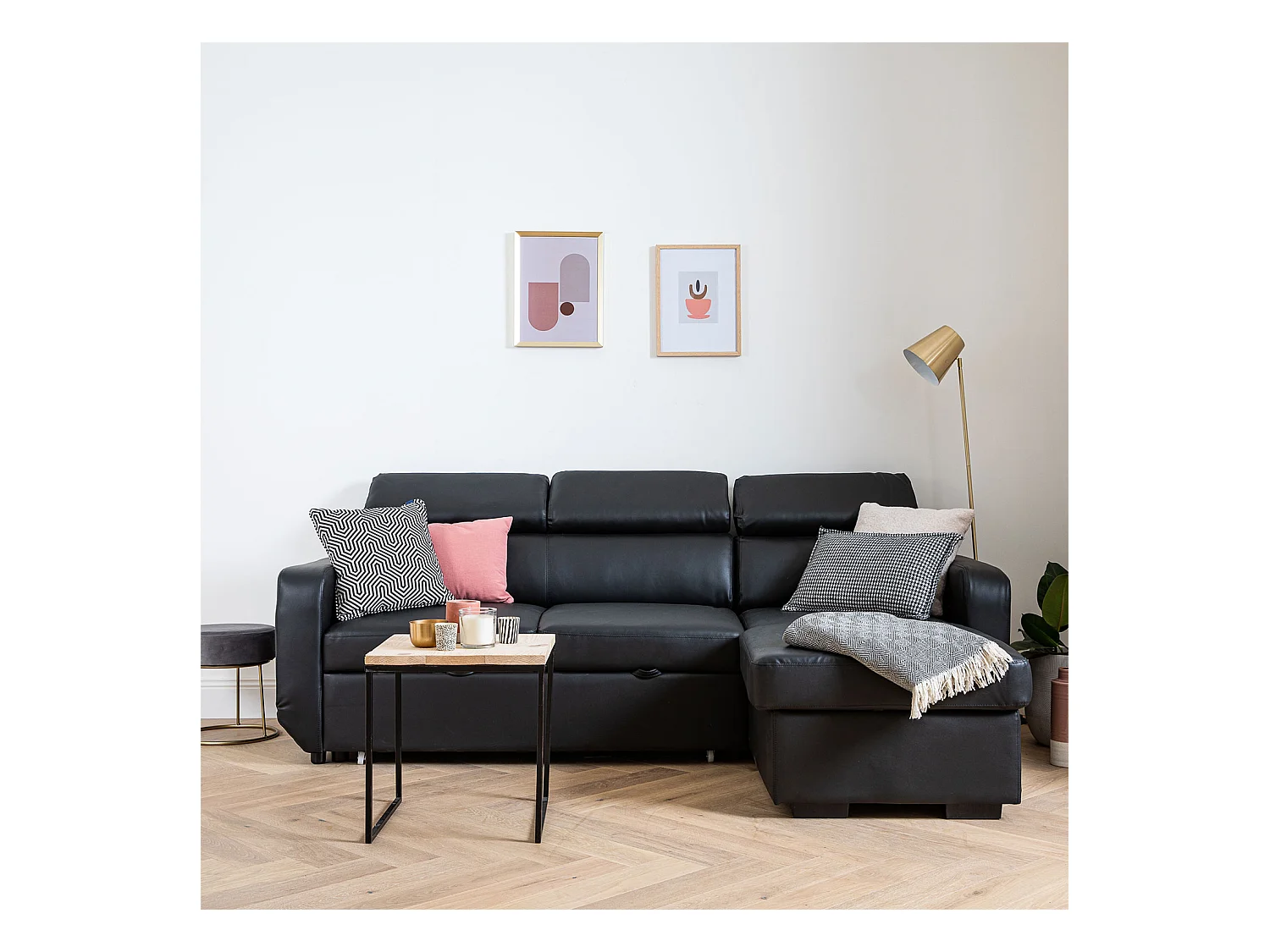 Canapé d'angle convertible WARREN 3 places simili noir - HAPPY GARDEN