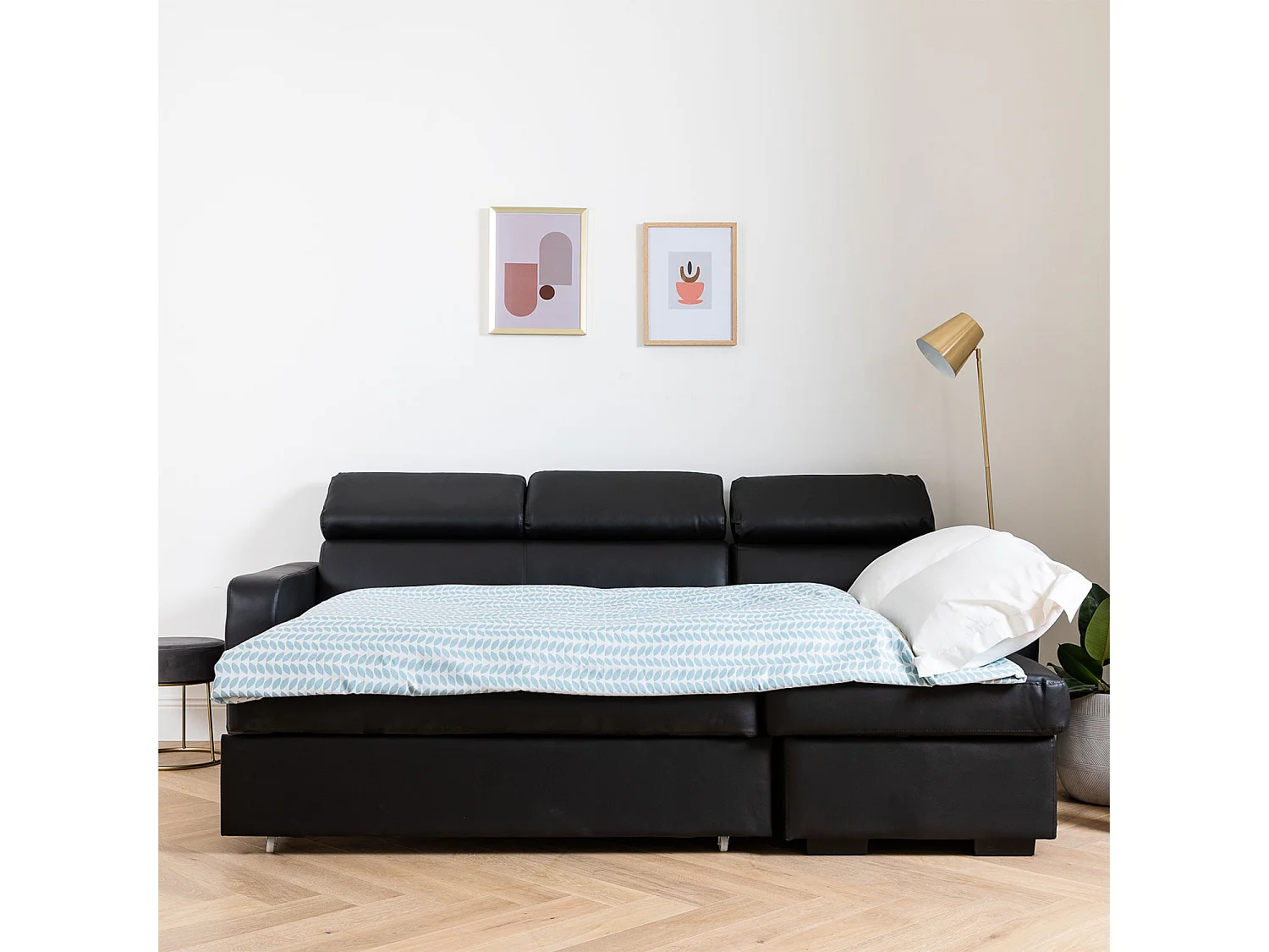 Canapé d'angle convertible WARREN 3 places simili noir - HAPPY GARDEN