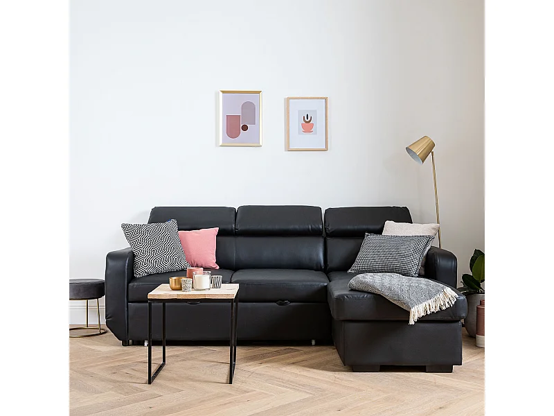 Ecksofa, umwandelbar, WARREN, 3-Sitzer, schwarzes Kunstleder