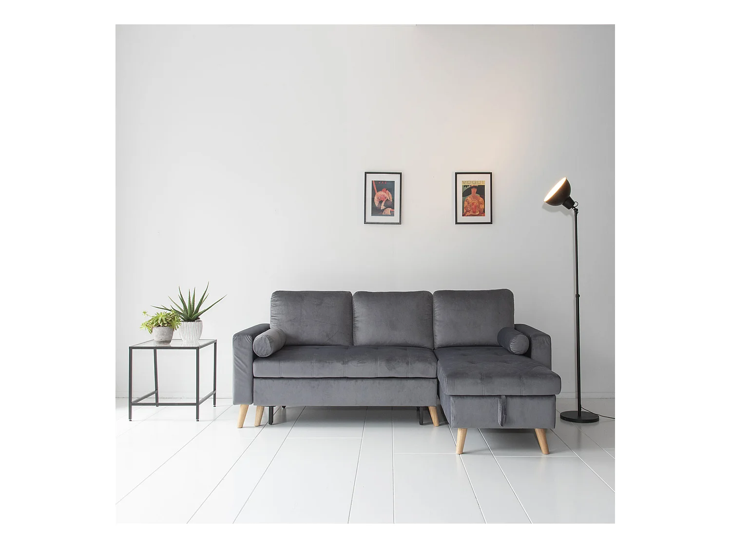 Canapé d'angle convertible JAMES 3 places en velours gris - HAPPY GARDEN