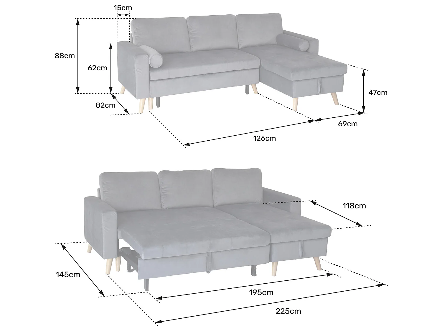 Canapé d'angle convertible JAMES 3 places en velours gris - HAPPY GARDEN