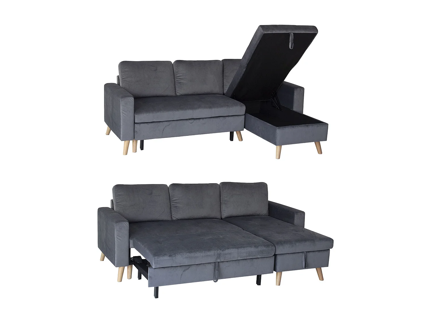 Canapé d'angle convertible JAMES 3 places en velours gris - HAPPY GARDEN