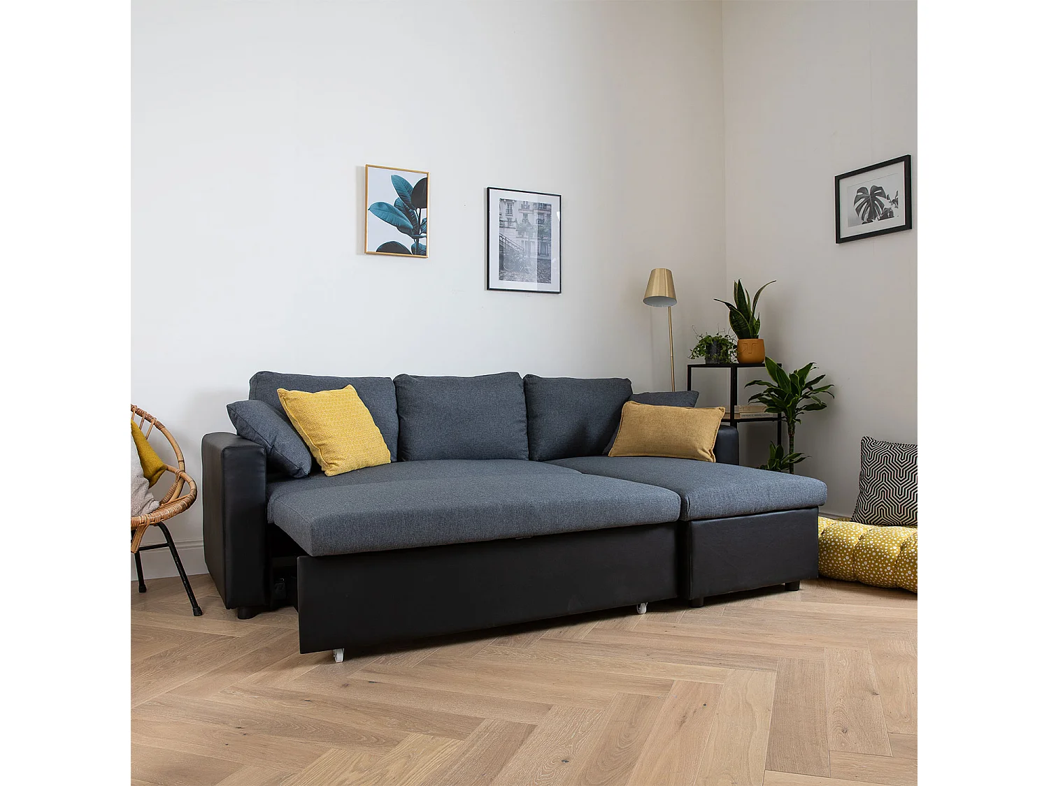 Canapé d'angle convertible CLARK 3 places gris chiné et noir - HAPPY GARDEN