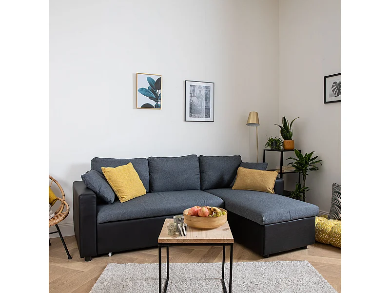 Canapé d'angle convertible CLARK 3 places gris chiné et noir - HAPPY GARDEN