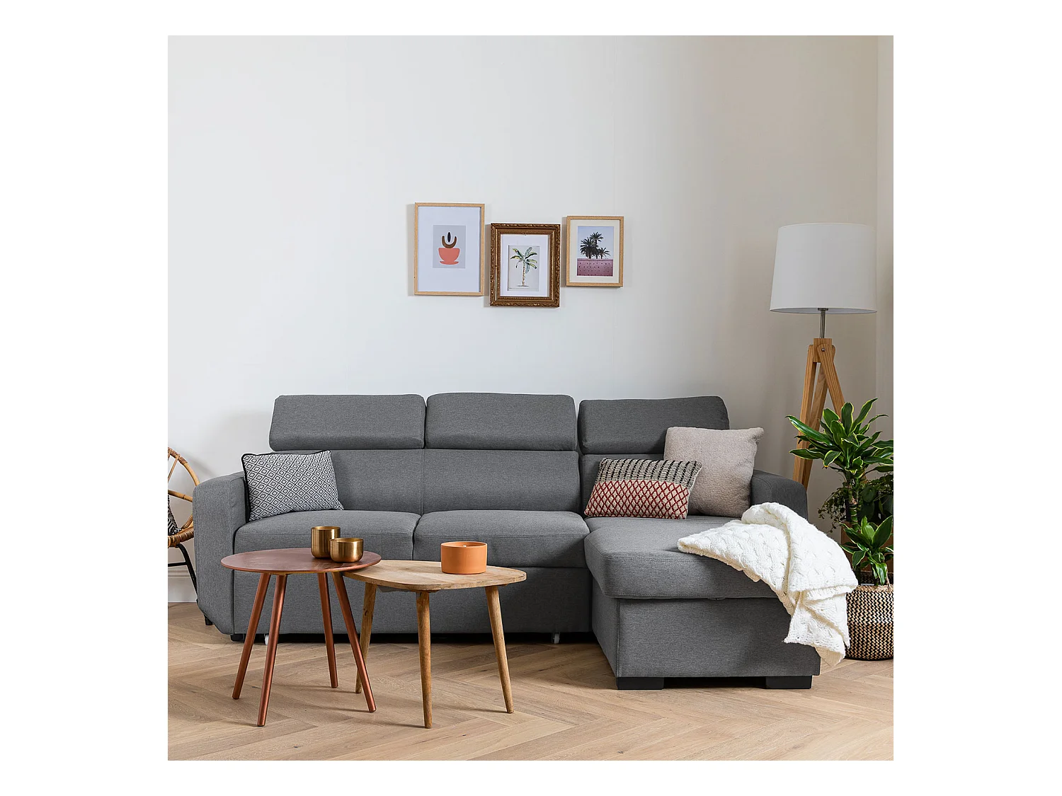Canapé d'angle convertible WARREN 3 places gris avec méridienne réversible et coffre de rangement