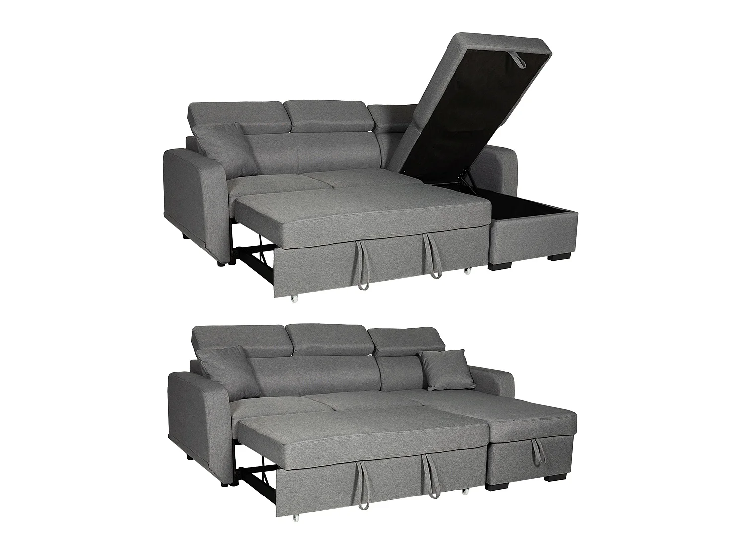 Canapé d'angle convertible WARREN 3 places gris avec méridienne réversible et coffre de rangement