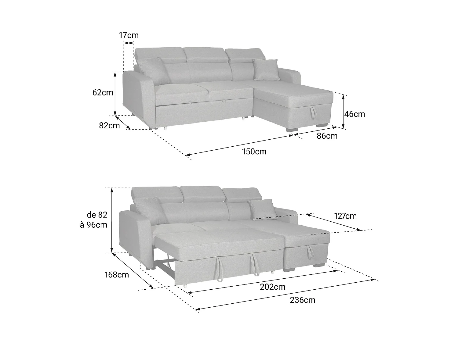Canapé d'angle convertible WARREN 3 places gris avec méridienne réversible et coffre de rangement