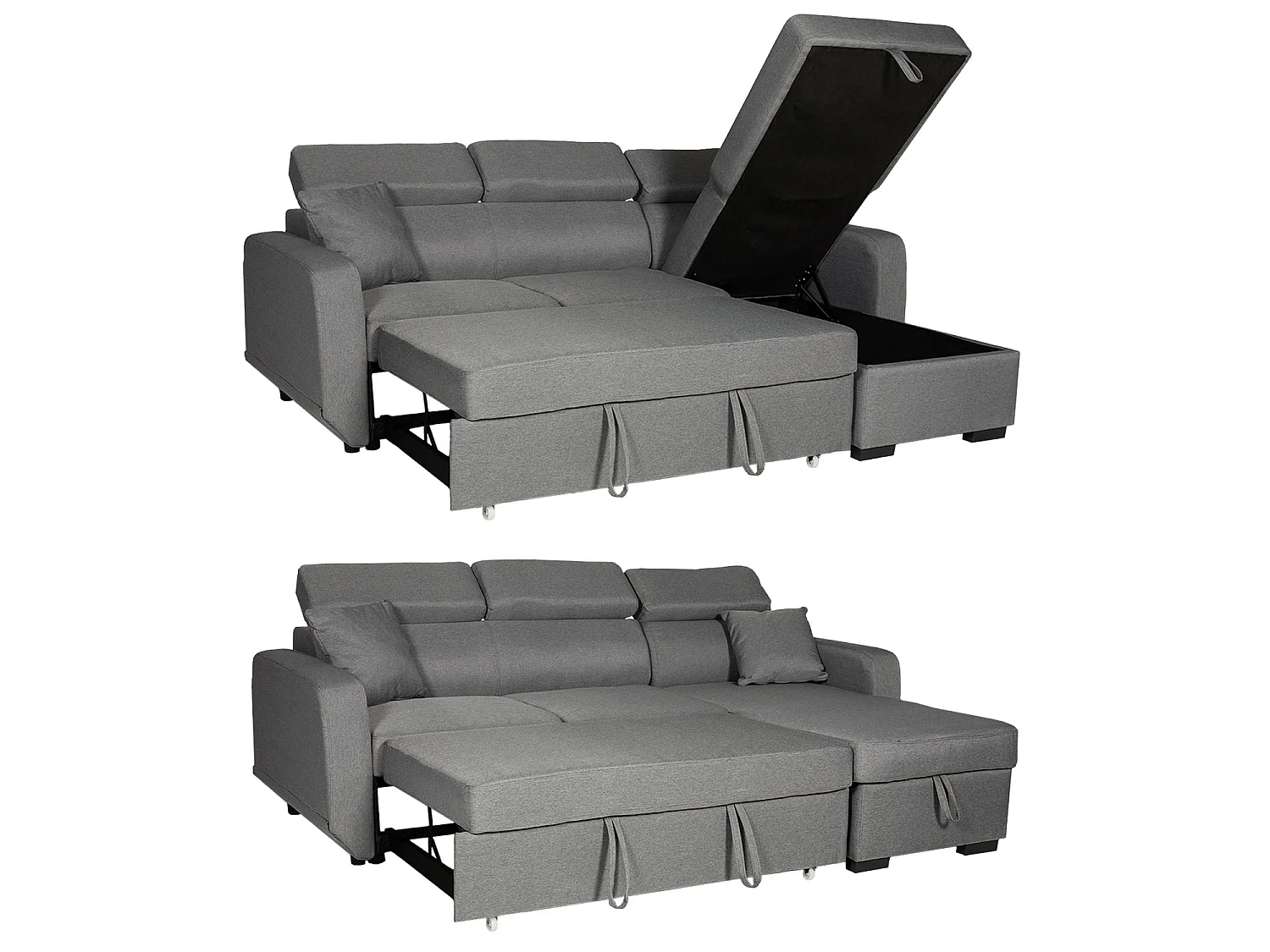 Canapé d'angle convertible WARREN 3 places gris avec méridienne réversible et coffre de rangement