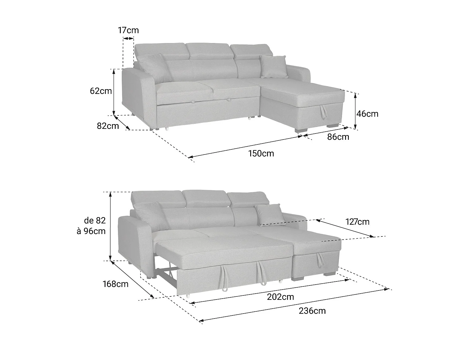 Ausziehbares Ecksofa WARREN 3-Sitzer grau