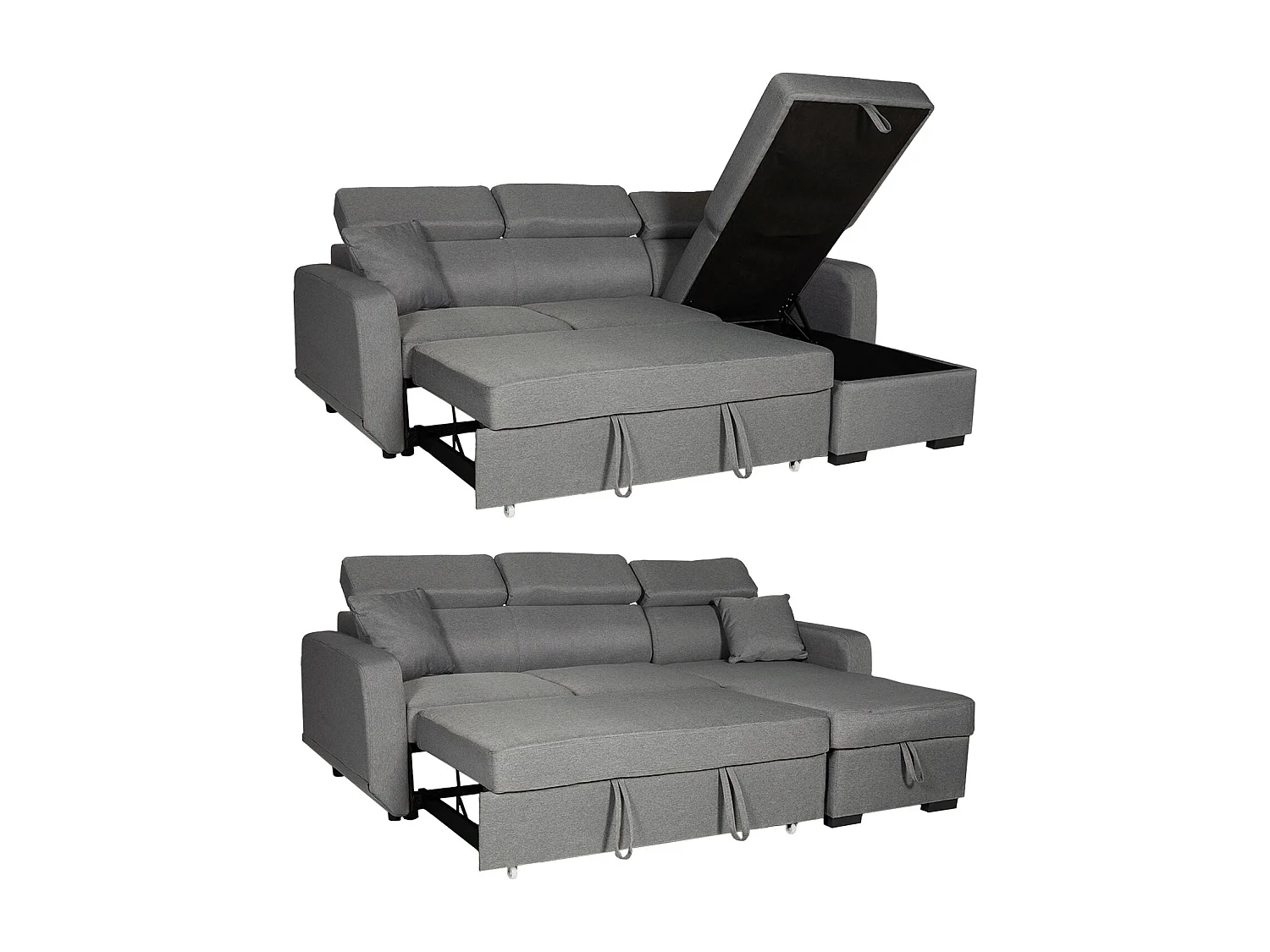 Canapé d'angle convertible WARREN 3 places gris avec méridienne réversible et coffre de rangement