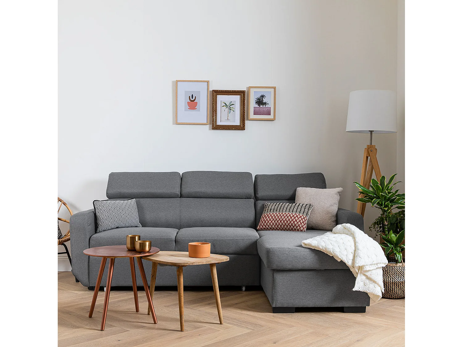 Canapé d'angle convertible WARREN 3 places gris avec méridienne réversible et coffre de rangement
