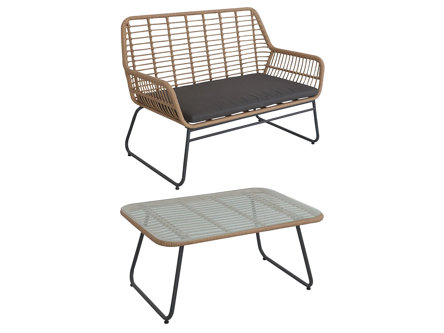 Conjunto de jardín MARÉ en resina trenzada 4 personas - cojines grises