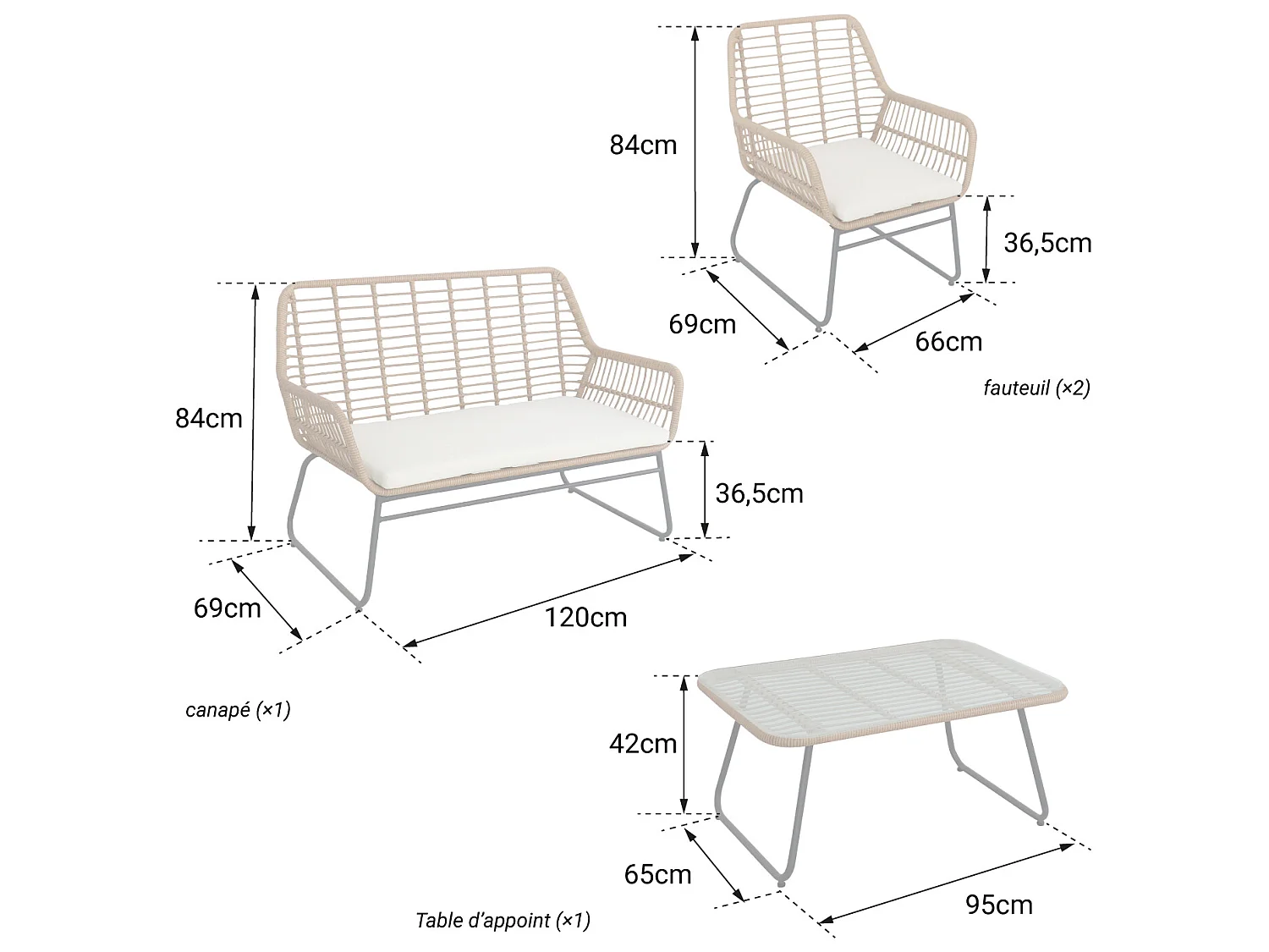 Conjunto de jardín MARÉ en resina trenzada 4 personas - cojines grises